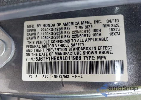 2010 Honda Accord Crosstour Ex-L z USA, uszkodzony, nr VIN 5J6TF1H5XAL011986